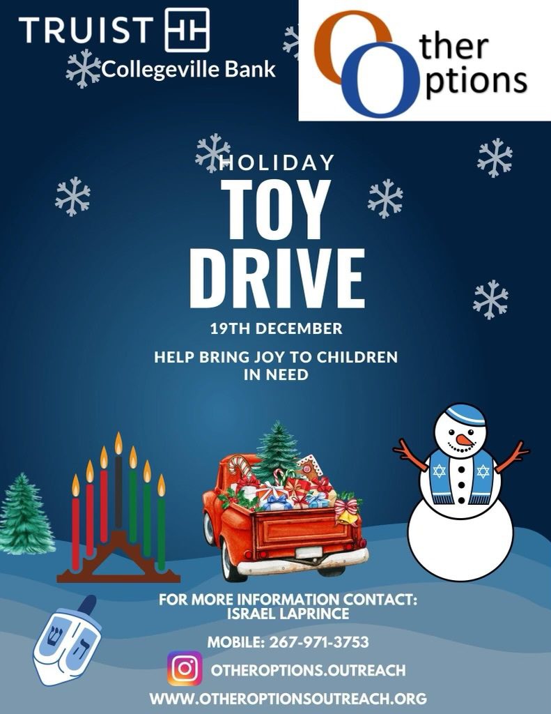 A poster of a toy drive with a snowman and car.