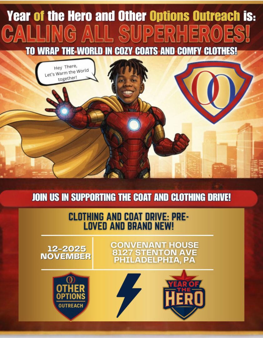 Superhero-themed coat and clothing drive poster.