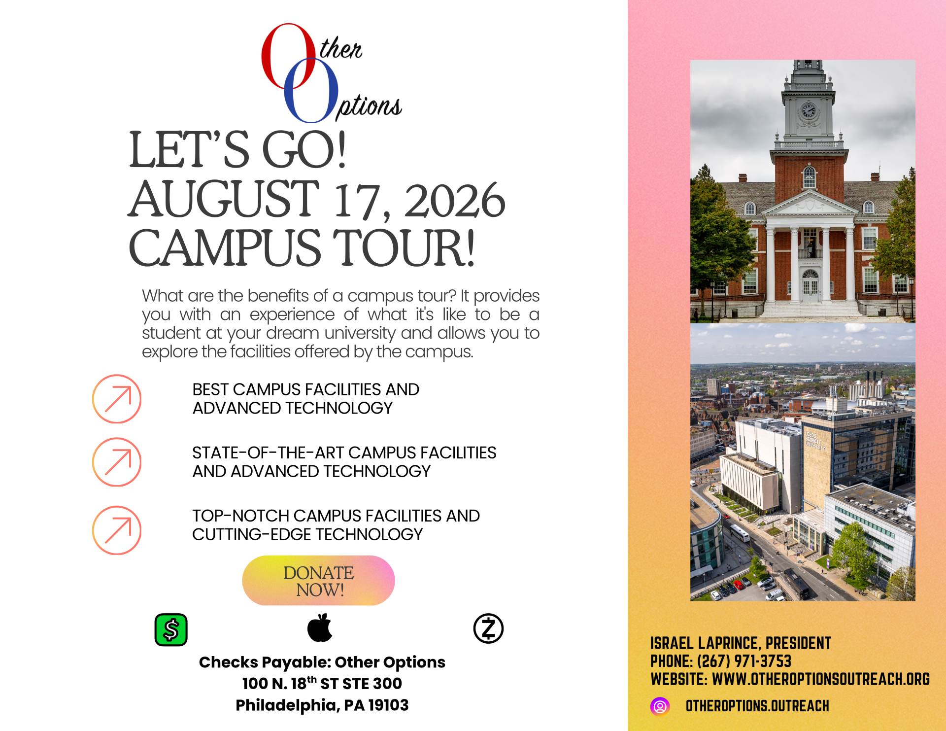 Campus tour announcement with contact details.